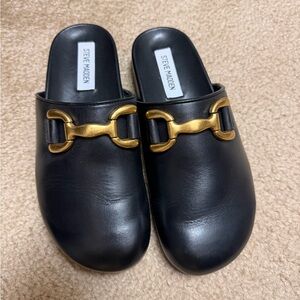 Steve Madden Women's Mules in Black with Gold Buckle